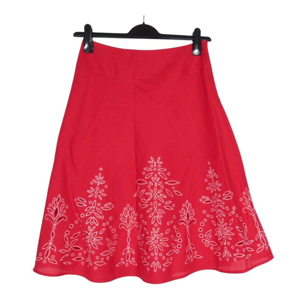 SILKLAND Lined LINEN Red FLORAL EYELET EMBROIDERED Side Zipper A-LINE SKIRT Sz 4